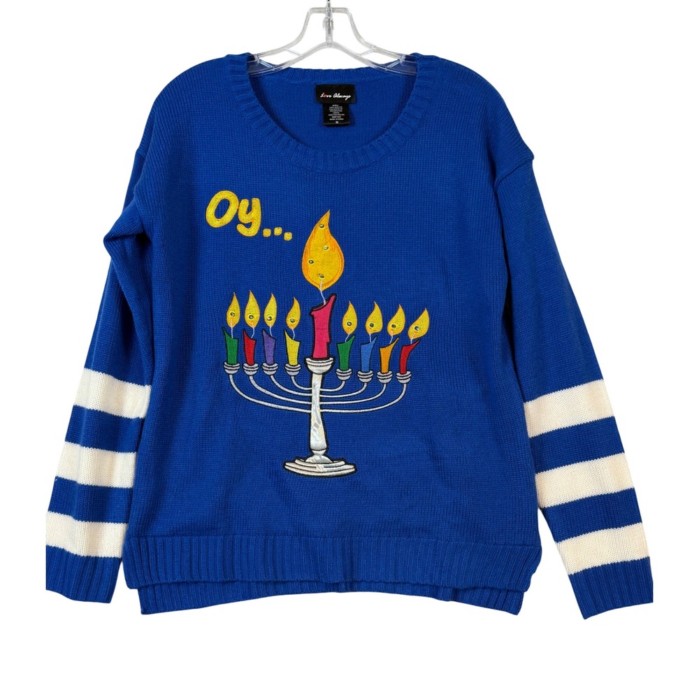 Womens Blue Menorah Oy Hanukkah Ugly Holiday Sweater •M• Kitschy Festive Funny